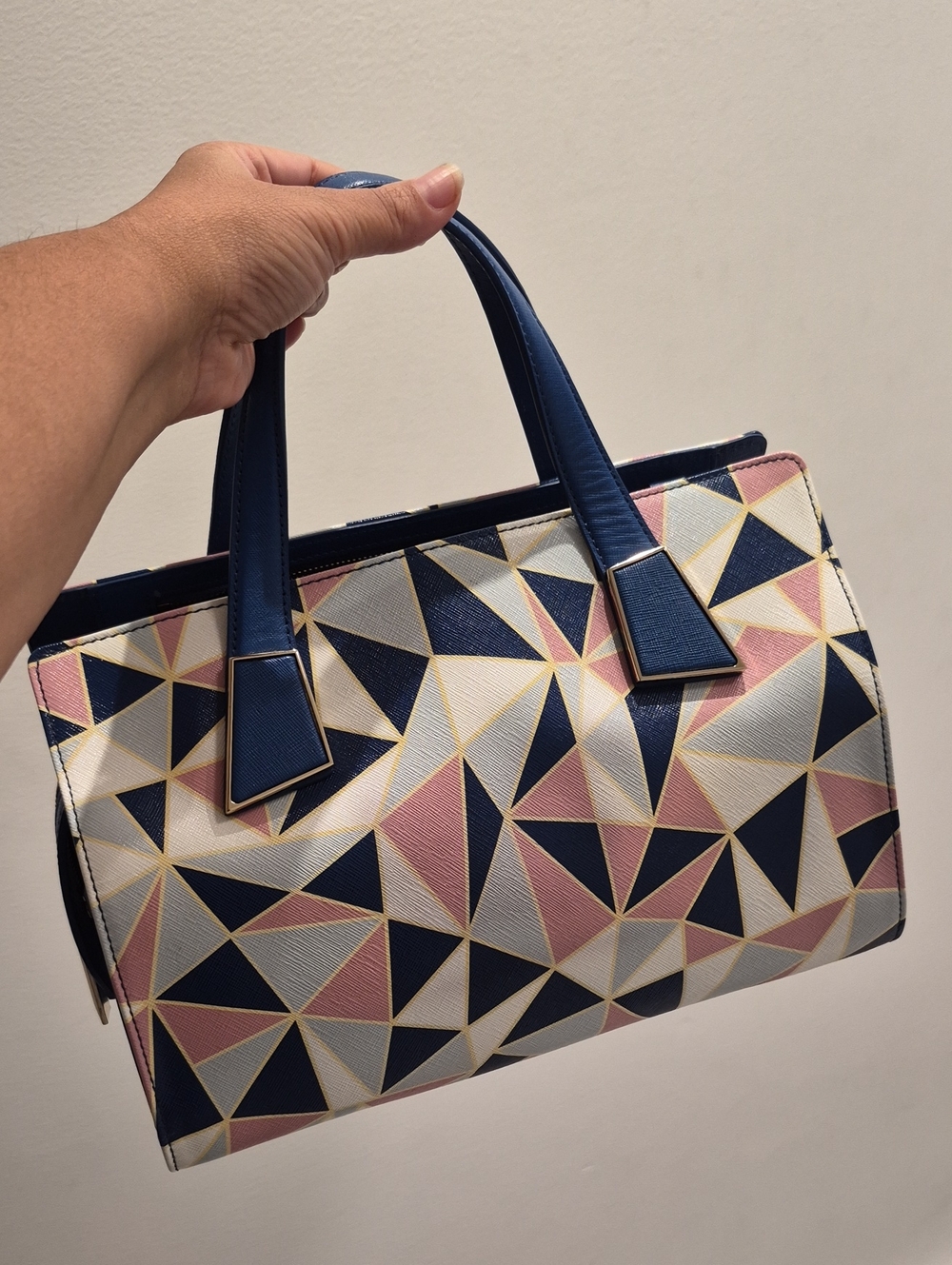 Dissona Geometric Print Top-Handle Satchel – Navy, Pink & White
